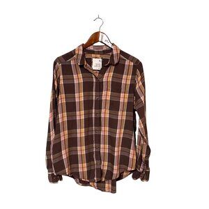 So Womens Plaid Favorite Button-Down Shirt Brown/Peach Long Sleeve M Grunge Punk